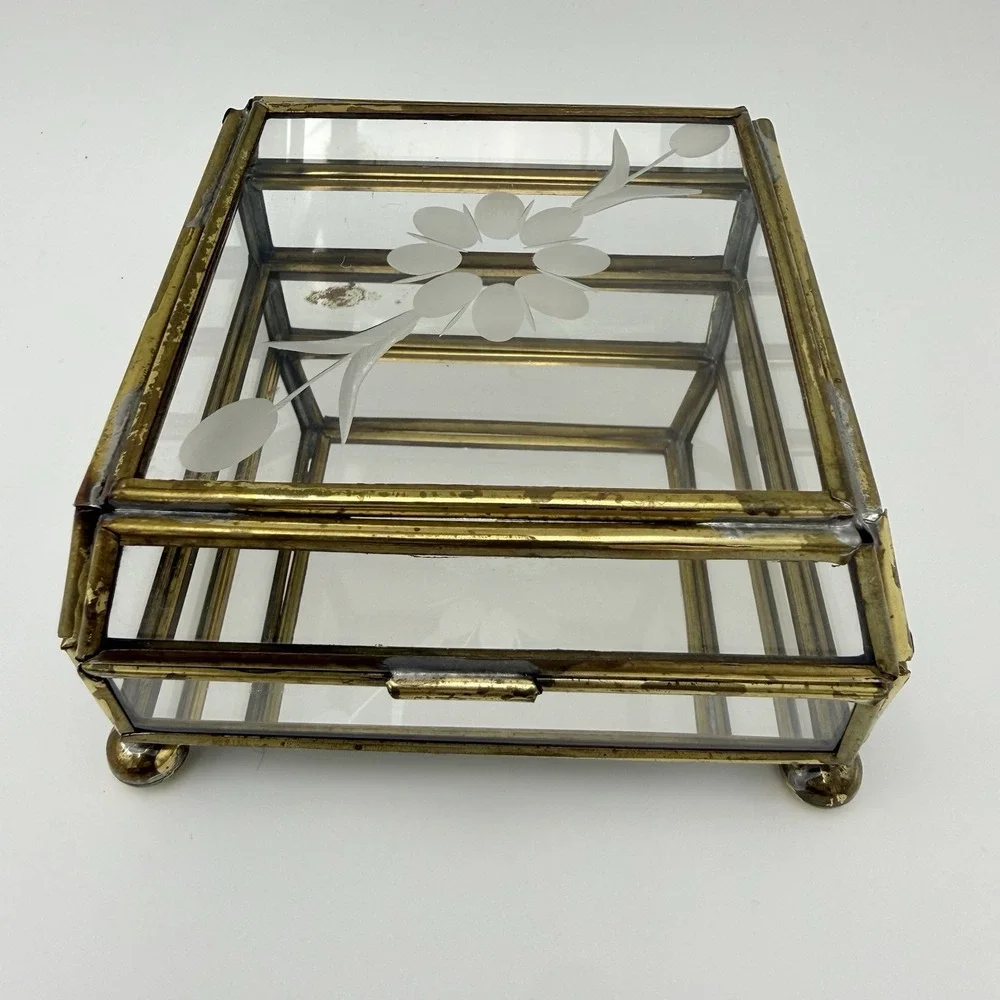 Mirrored Glass Jewelry Box Brass Trinket Etched Flower Lid Storage Display 4x4x2
